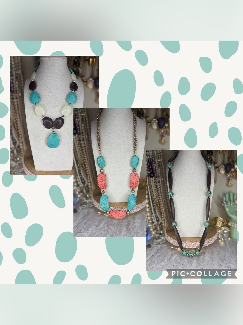 Set 3 Necklaces Boho Lot Wooden Acrylic Jewelry Brown Peach Teal Colorful Color
